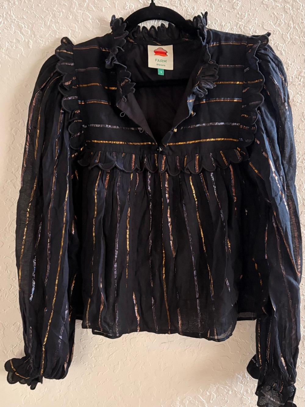 FARM Rio Black Metallic Stripe Ruffle-Yoke Blouse - Picture 4 of 9